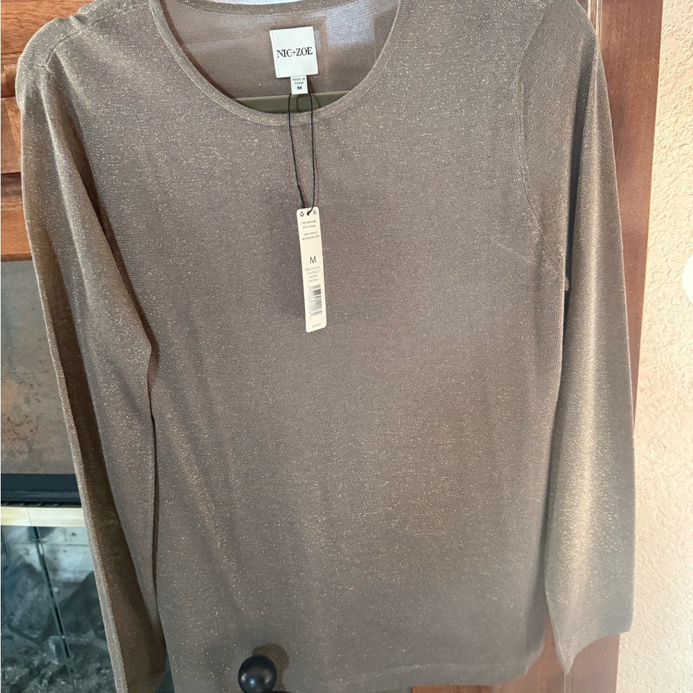 NIC+ZOE Sparkle Crewneck Top - Metallic Bronze NEW